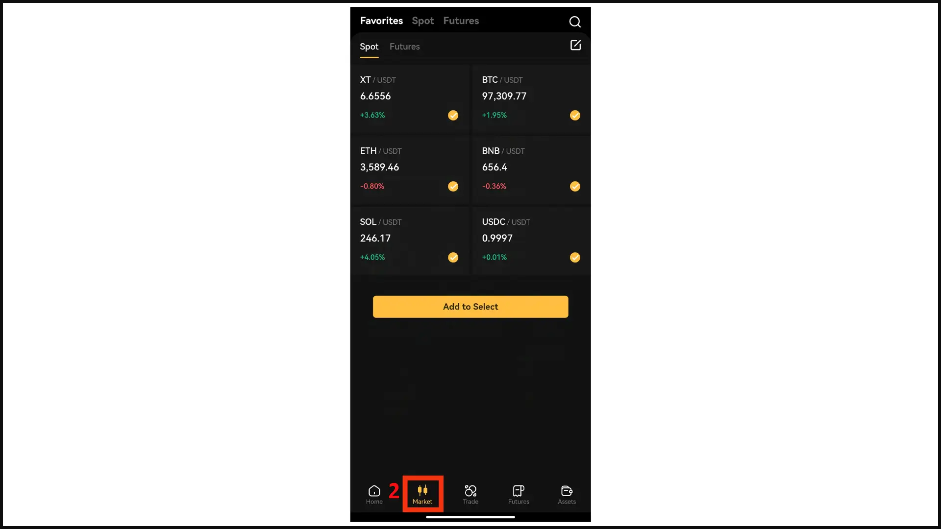 قسمت Market در اپلیکیشن صرافی XT