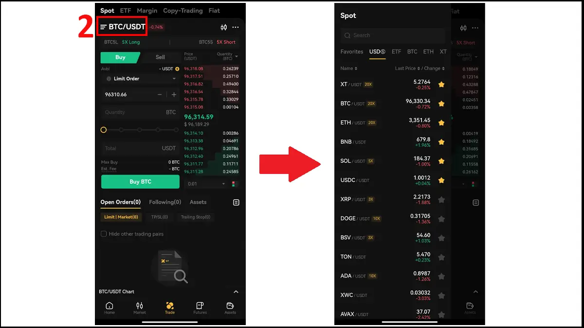 2- انتخاب ارز در صرافی XT با موبایل