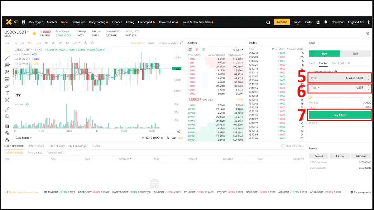 6- سفارش مارکت برای تبدیل تتر به USDC در صرافی XT