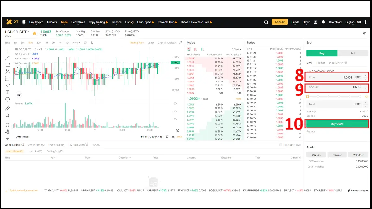 7- سفارش لیمیت برای تبدیل تتر به USDC در صرافی XT