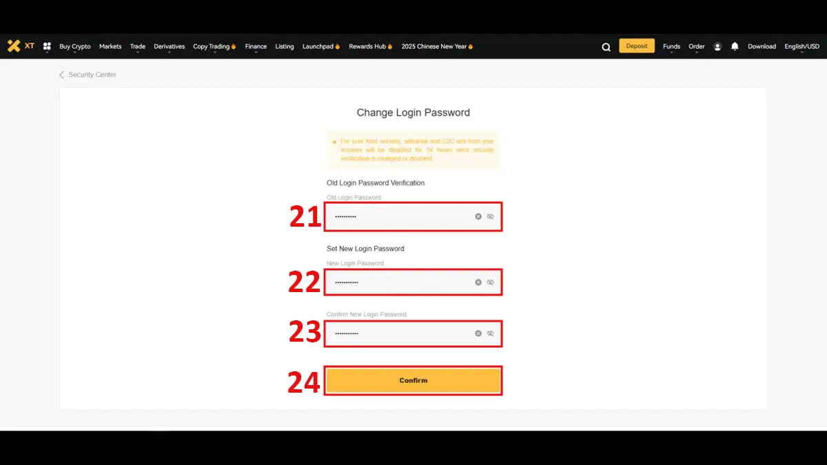 تأیید رمز جدید در بازیابی رمز عبور در صرافی XT