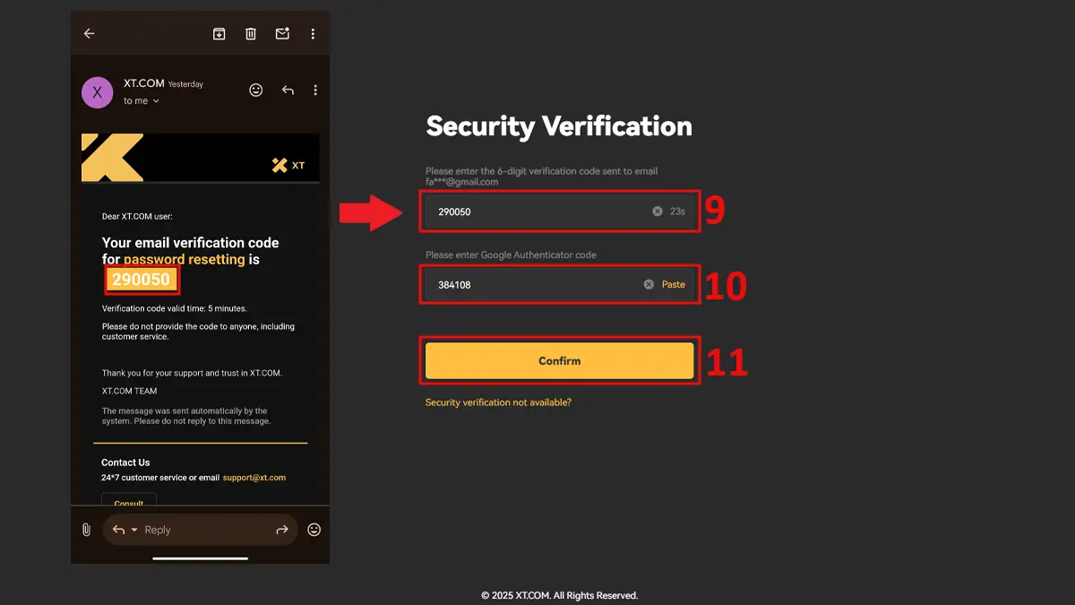 کد تأیید ایمیل برای بازیابی رمز عبور در صرافی XT