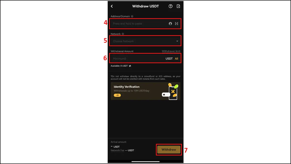 4- برداشت پول در صرافی XT با موبایل